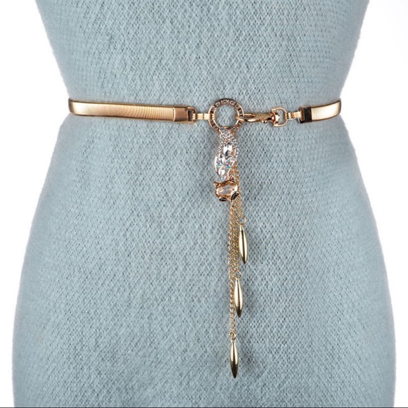 Accessories - Women Elastic Metal Stretch Chain Belt Gold with details One Sz